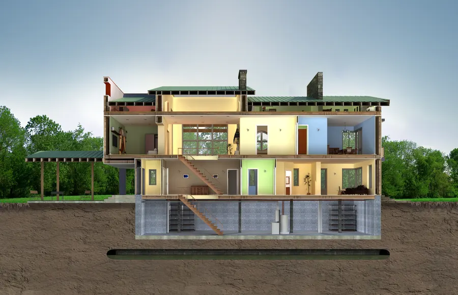 Cut-away 3D view of a modern house