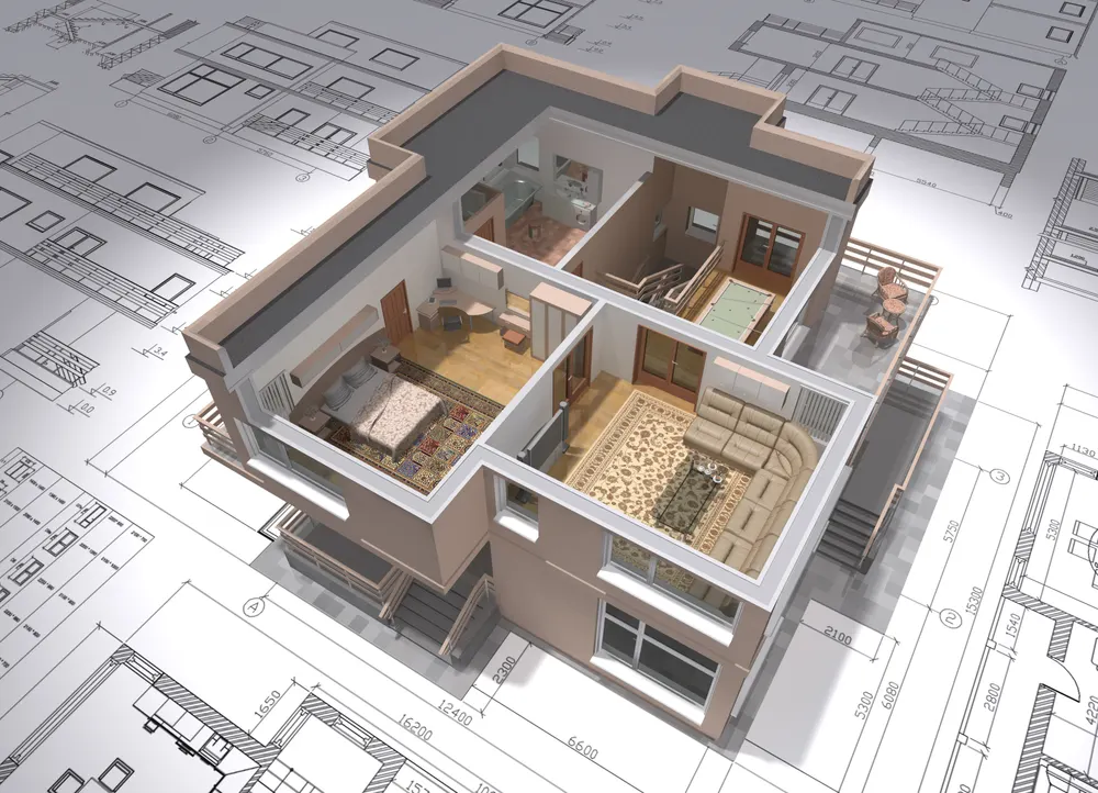 3D model of a modern apartment on architectural blueprints